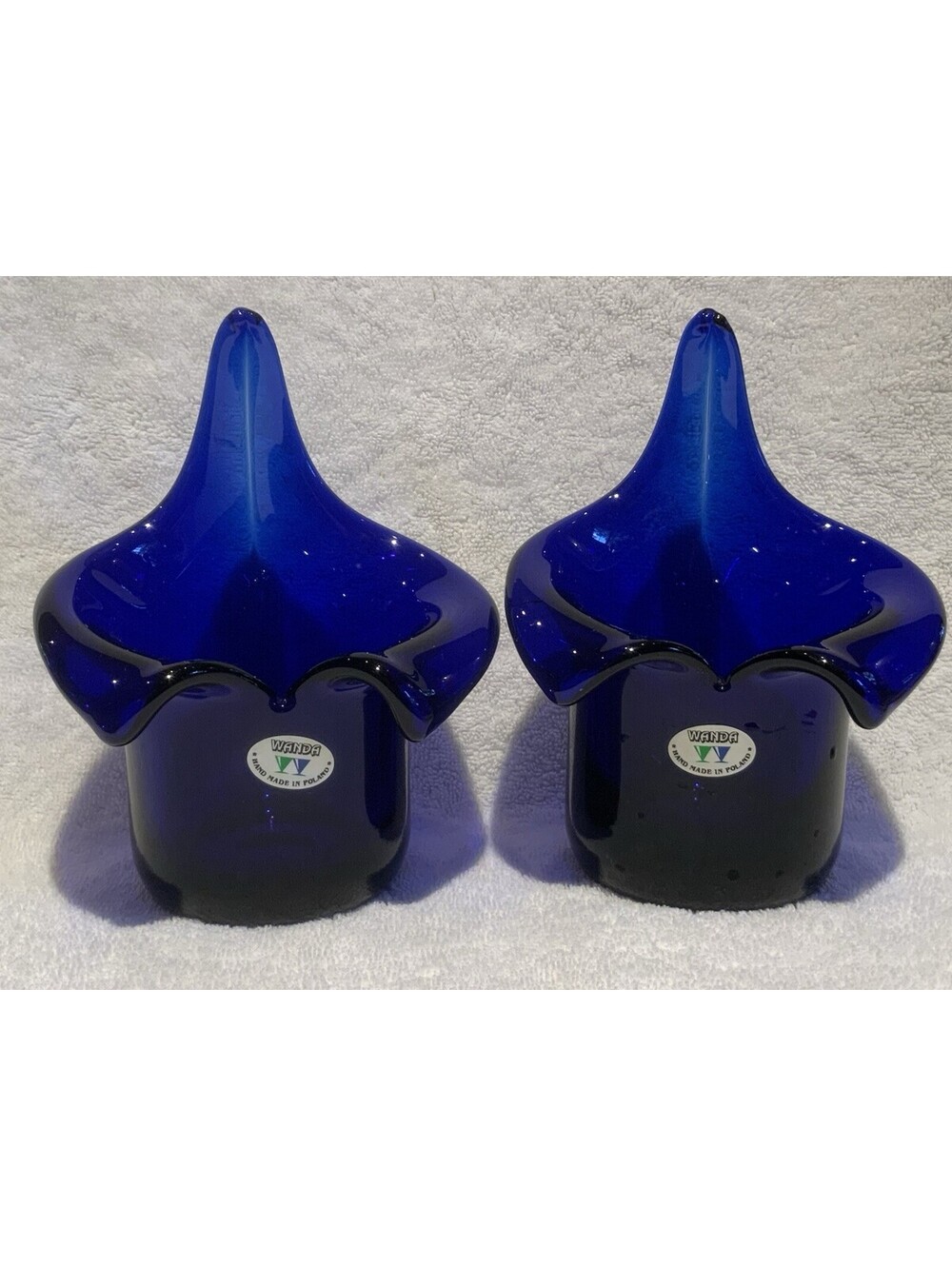 VTG Polish Hand-Blown Cobalt Blue Art Glass ‘Jack-in-the-Pulpit’ Vase-Set of 2
